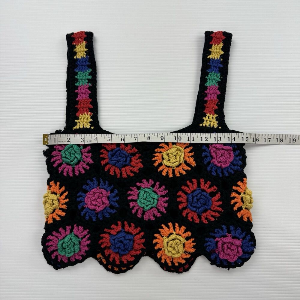 FARM Rio Womens M Crochet Flowers Crop Top Black Multicolor Granny Square Lined - Picture 7 of 13